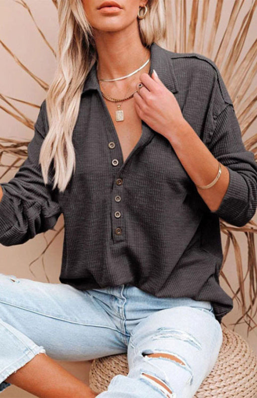 Women's Solid Color Long Sleeve Semi Button Top
