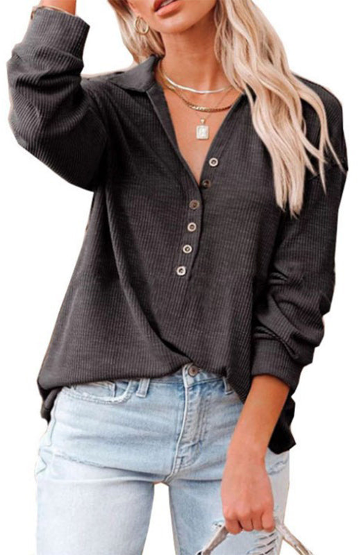Women's Solid Color Long Sleeve Semi Button Top