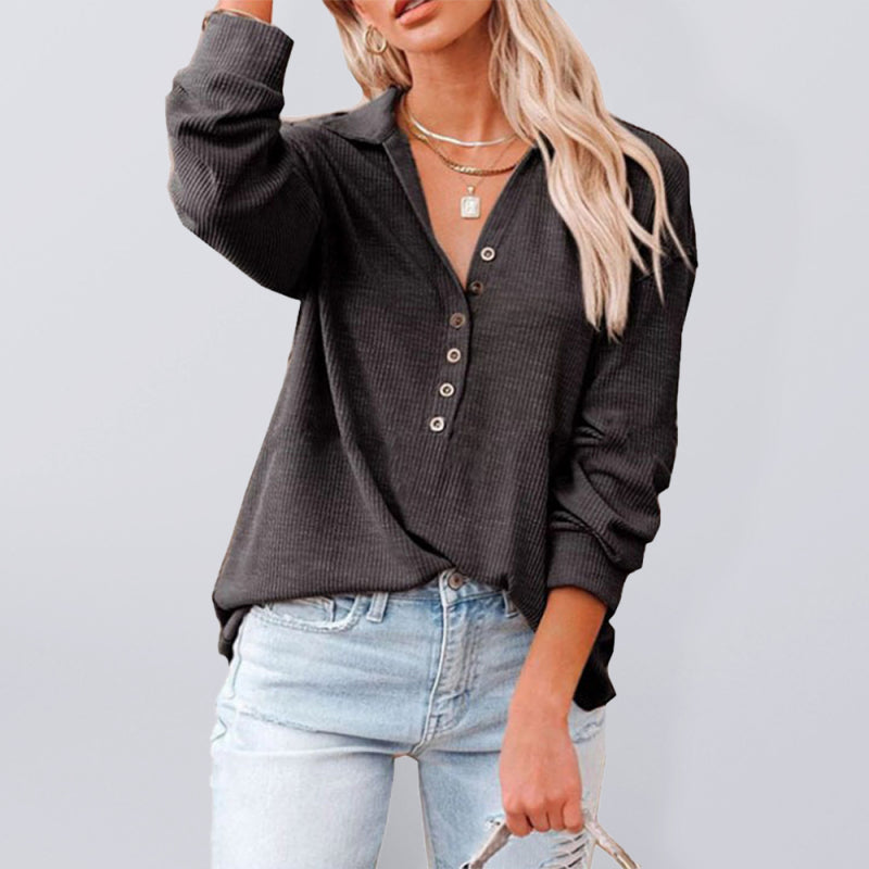 Women's Solid Color Long Sleeve Semi Button Top