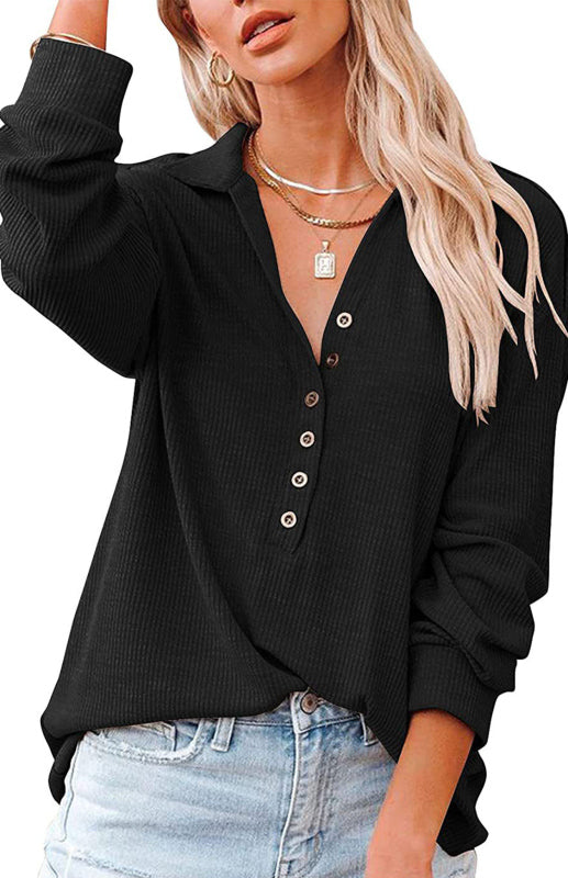Women's Solid Color Long Sleeve Semi Button Top
