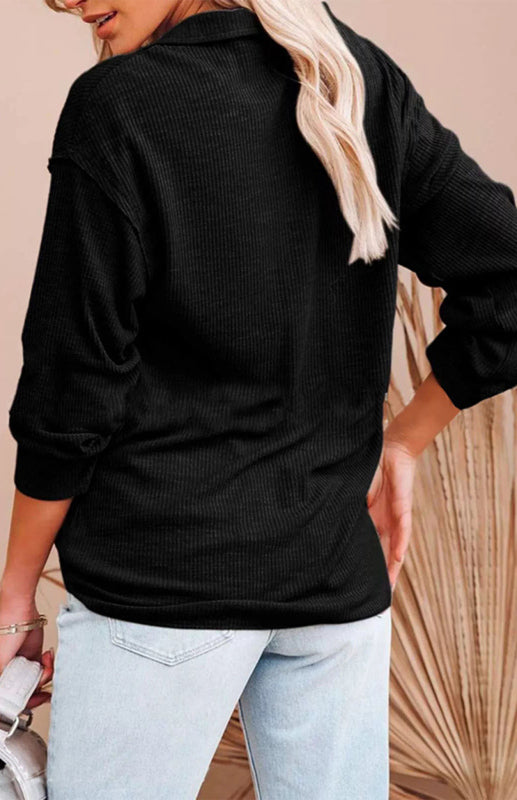 Women's Solid Color Long Sleeve Semi Button Top
