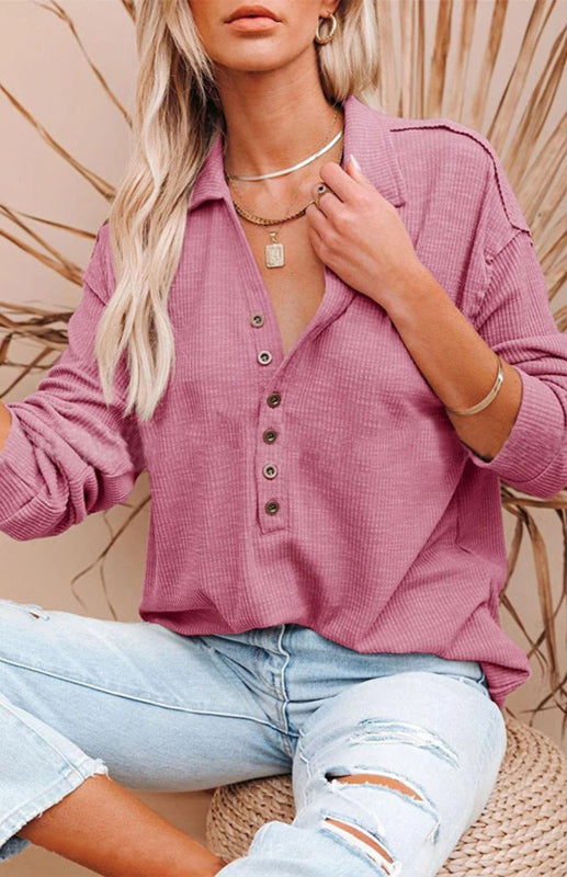 Women's Solid Color Long Sleeve Semi Button Top