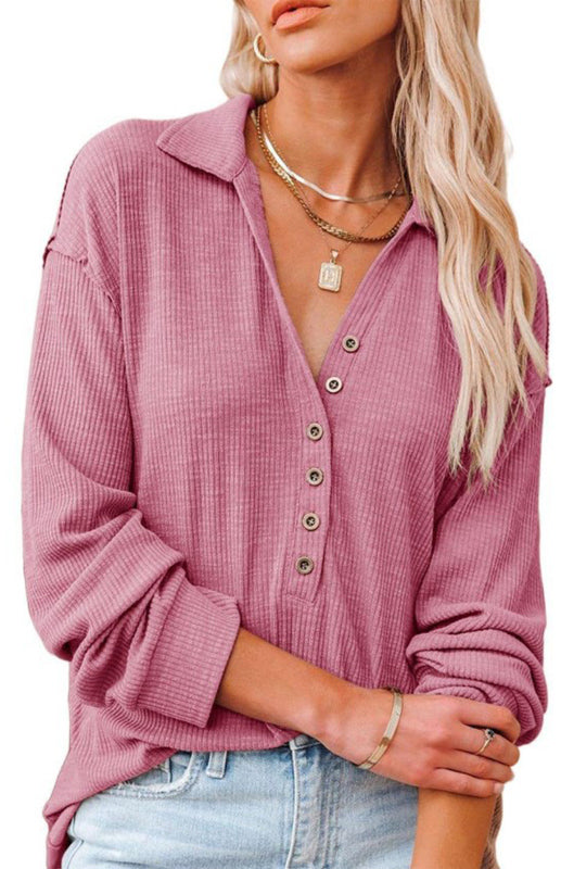 Women's Solid Color Long Sleeve Semi Button Top