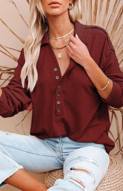 Women's Solid Color Long Sleeve Semi Button Top