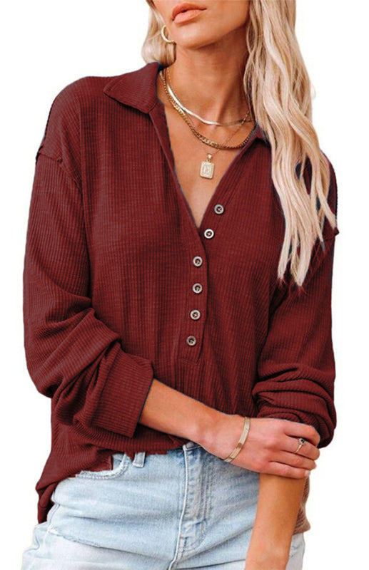 Women's Solid Color Long Sleeve Semi Button Top