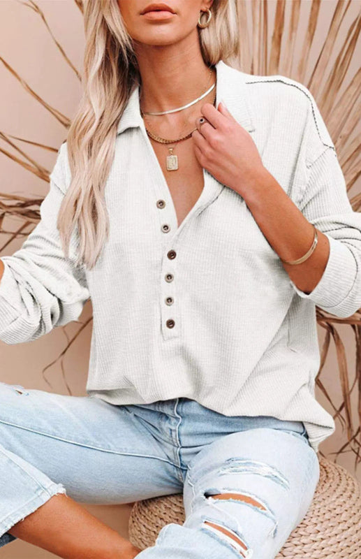 Women's Solid Color Long Sleeve Semi Button Top