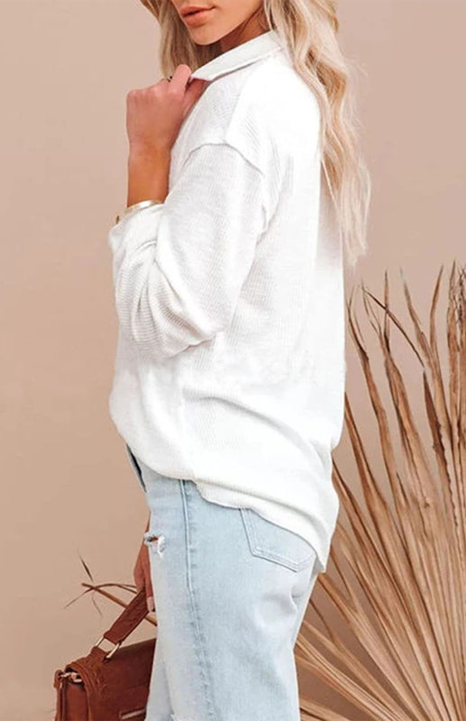 Women's Solid Color Long Sleeve Semi Button Top