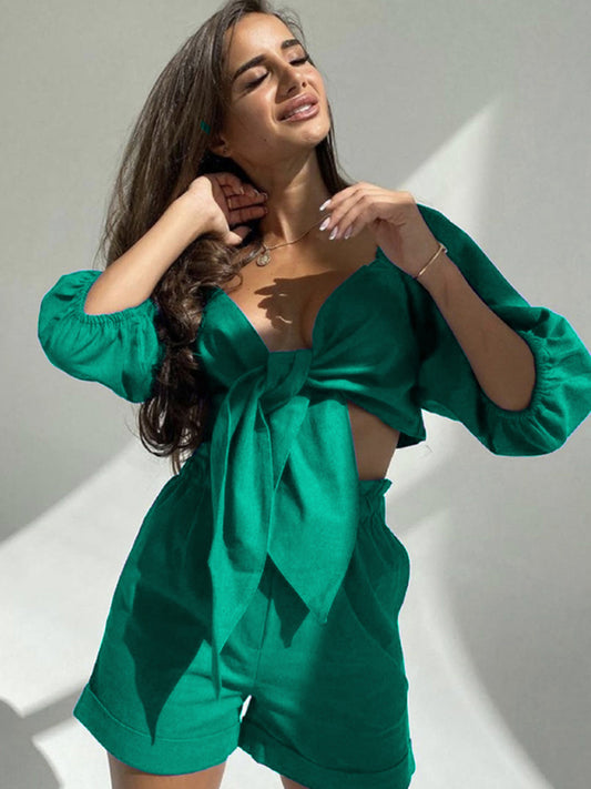 Green Tie Top & Pocket Shorts Set