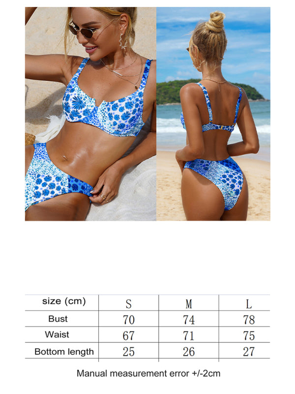 Women's Blue Printed Bikini Split Swimsuit