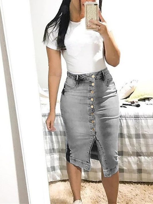 Women's Button Up Slim Fit Long Denim Skirt