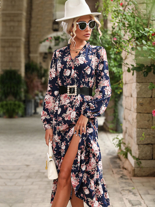 Printed autumn and winter long-sleeved dress temperament retro women's clothing