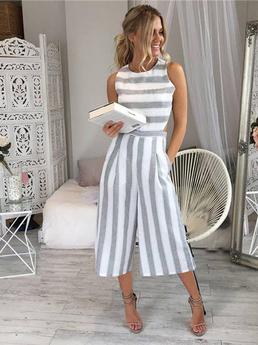 Women's linen and cotton striped seven-part jumpsuit