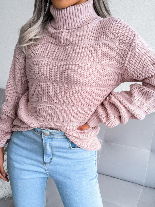 Women's Turtleneck Drop Shoulder Sleeves Cutout Casual Sweater