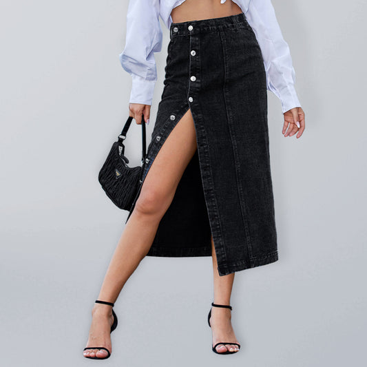 New Button Irregular Slit Denim High Waist Skirt