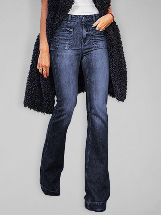 Women's trendy slim fit patch pockets slim high waist flared trousers