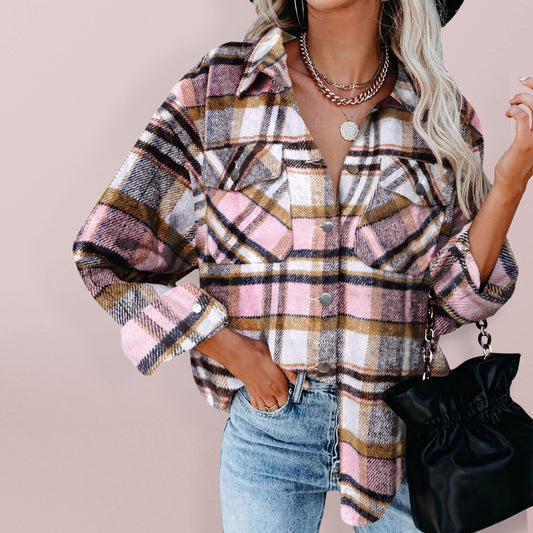 Women’s Cord Plaid Print Collar Button Front Shirt