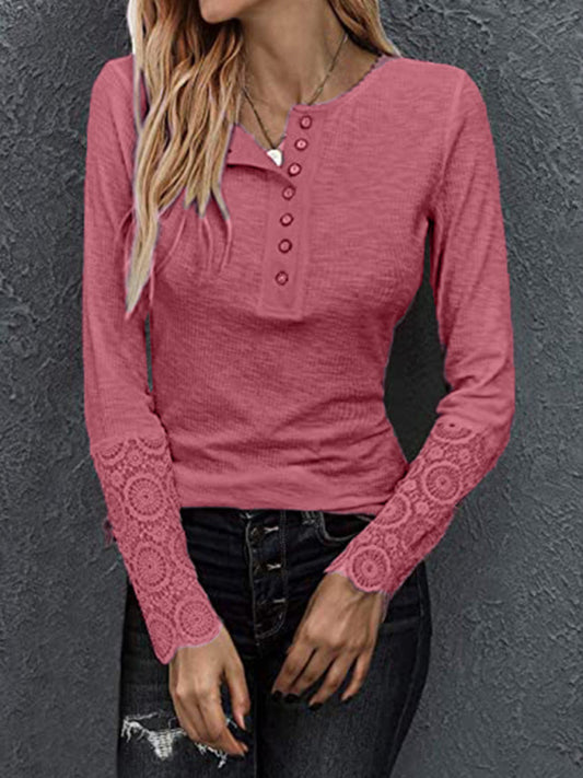Round neck stitching lace sleeve loose solid color long-sleeved T-shirt