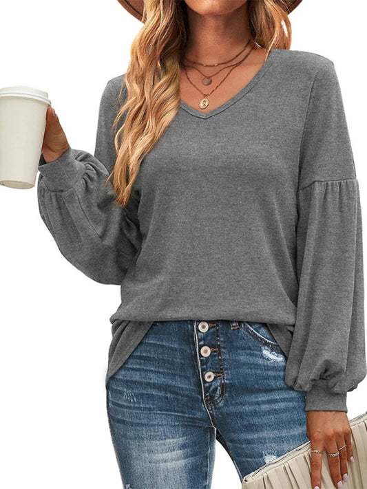Loose pleated puff sleeve V-neck long-sleeved T-shirt