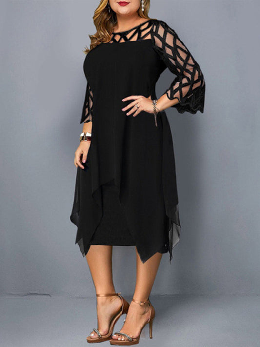 Black Lace Stitching Three-quarter Sleeve Irregular Hem Chiffon Dress
