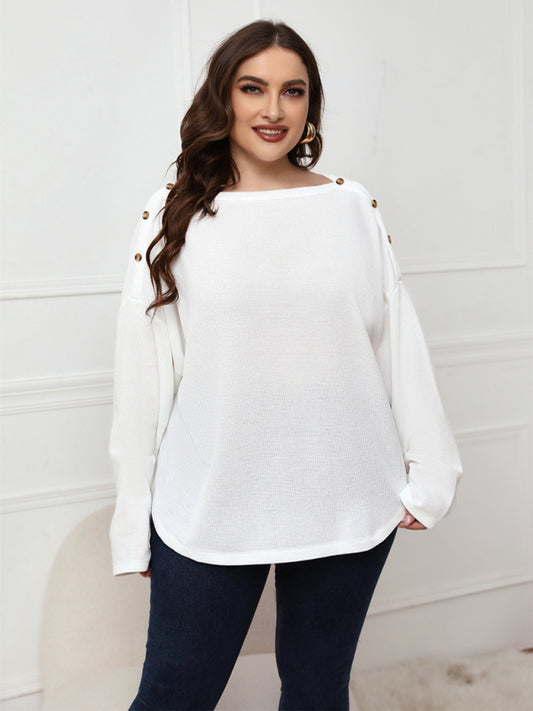 White Long Sleeve Knit Top with Button Shoulder Detail