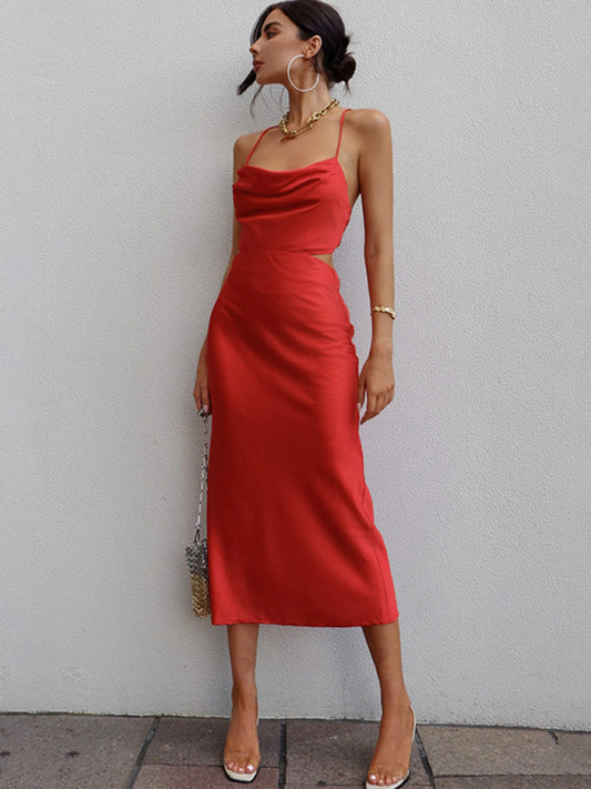 Satin Neck Sleeveless Sleeveless Halter Dress