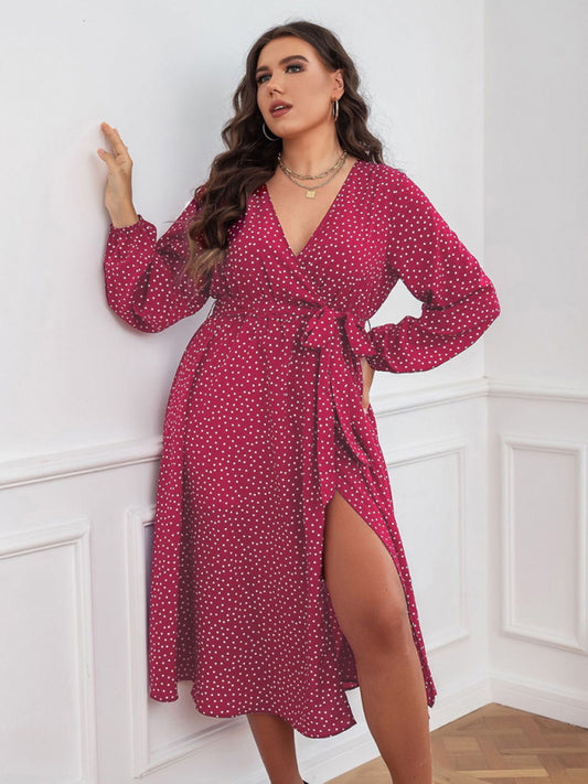 Red Polka Dot Long Sleeve Midi Dress