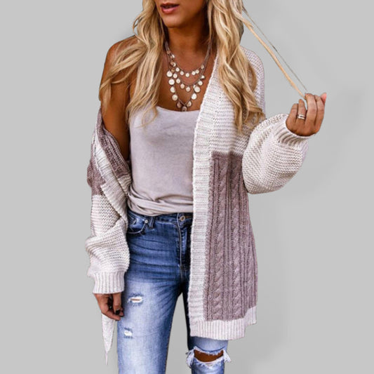 Women's Bicolor Cable Knit Open Front Cardigan