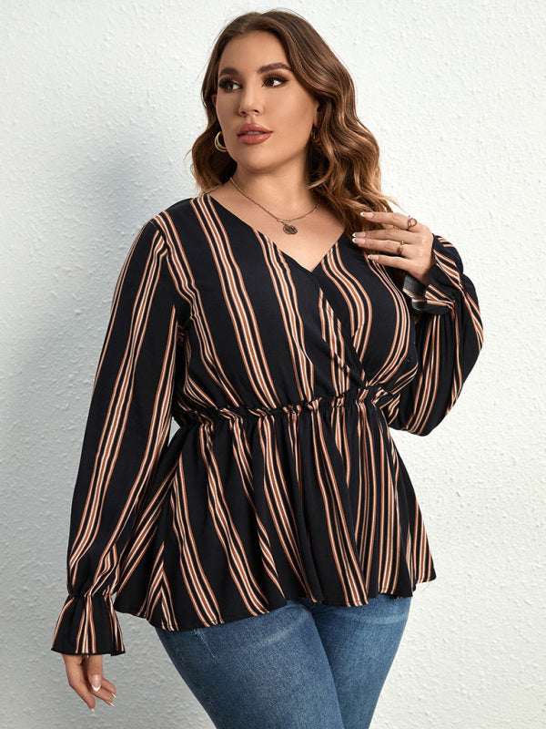 Striped Long Sleeve Cinched Waist Blouse