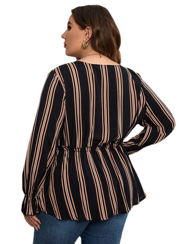 Striped Long Sleeve Cinched Waist Blouse