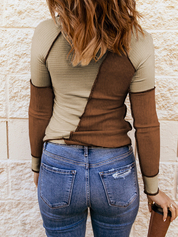 Women's Knitted Long Sleeve Round Neck Contrast Color T-Shirt