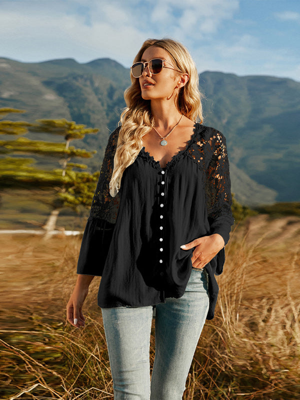 Women's woven lace long-sleeved solid color V-neck chiffon shirt
