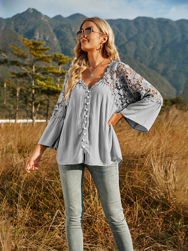Women's woven lace long-sleeved solid color V-neck chiffon shirt