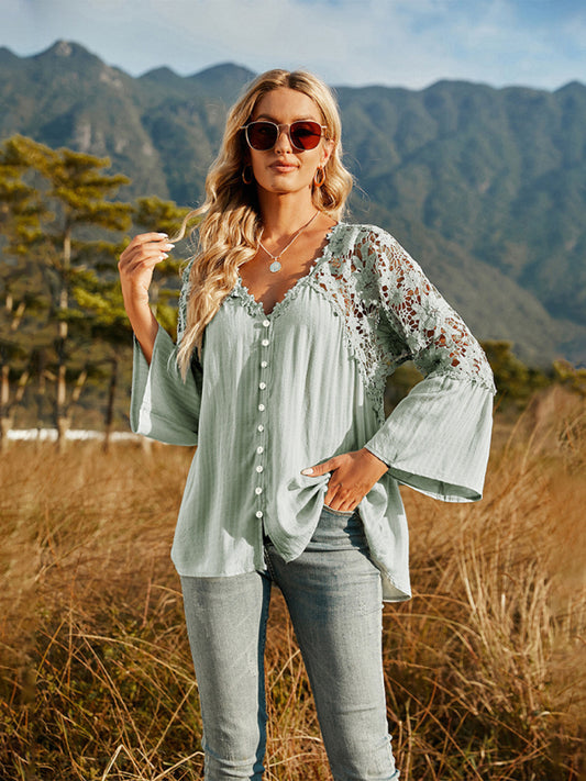 Women's woven lace long-sleeved solid color V-neck chiffon shirt