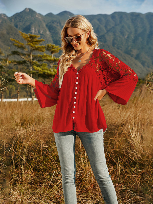 Women's woven lace long-sleeved solid color V-neck chiffon shirt