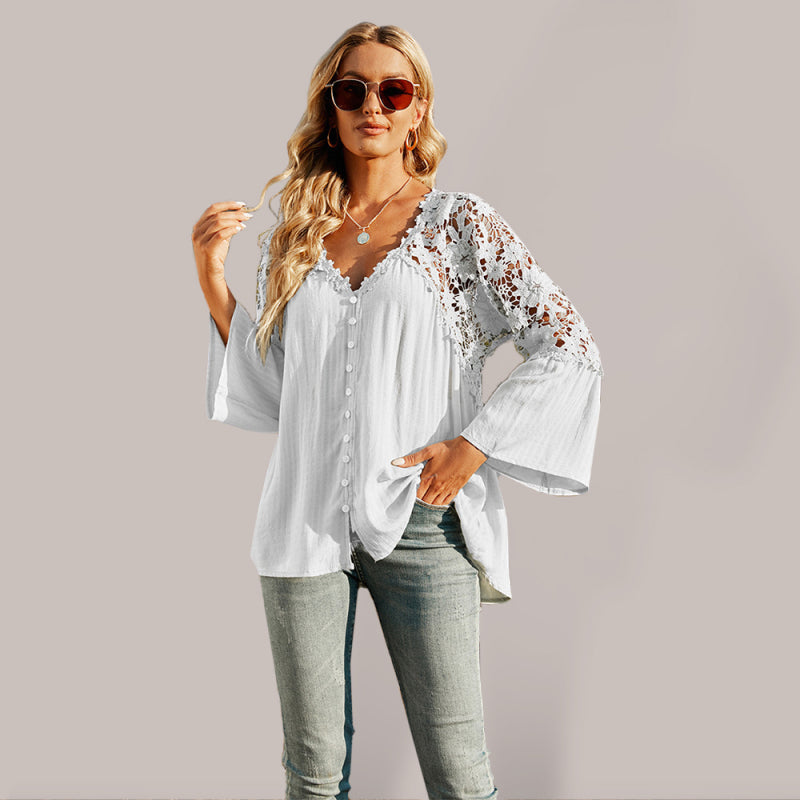 Women's woven lace long-sleeved solid color V-neck chiffon shirt