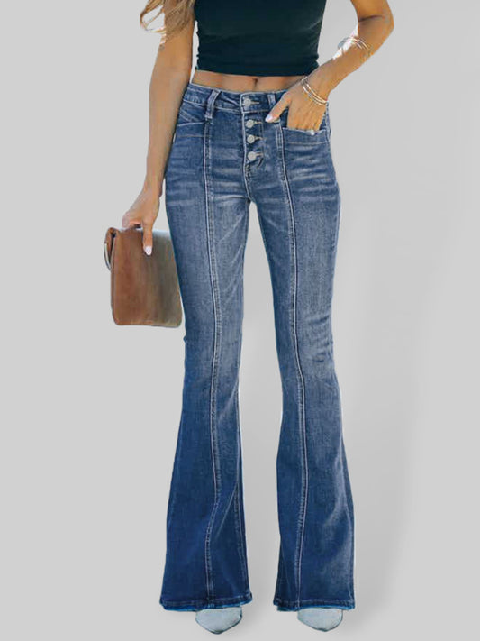 Ladies Stretch Slim Paneled Flared Denim Trousers