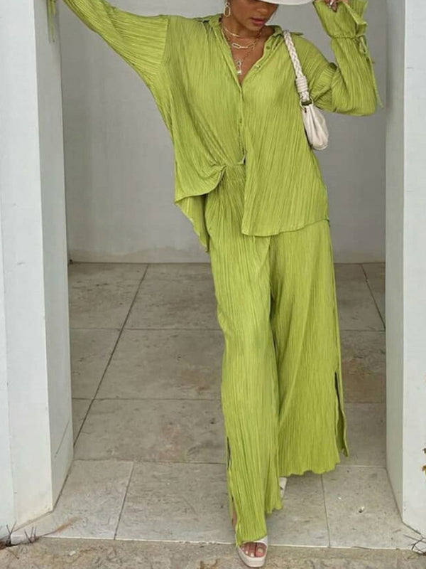 Pleated Long Sleeve Shirt & Pants Set