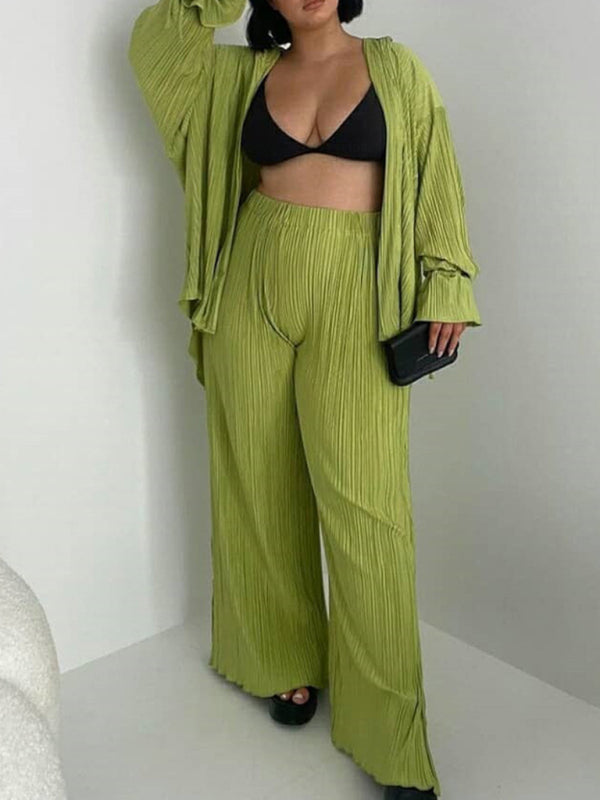 Pleated Long Sleeve Shirt & Pants Set