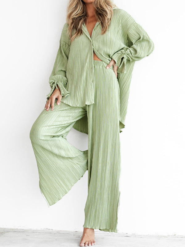 Pleated Long Sleeve Shirt & Pants Set