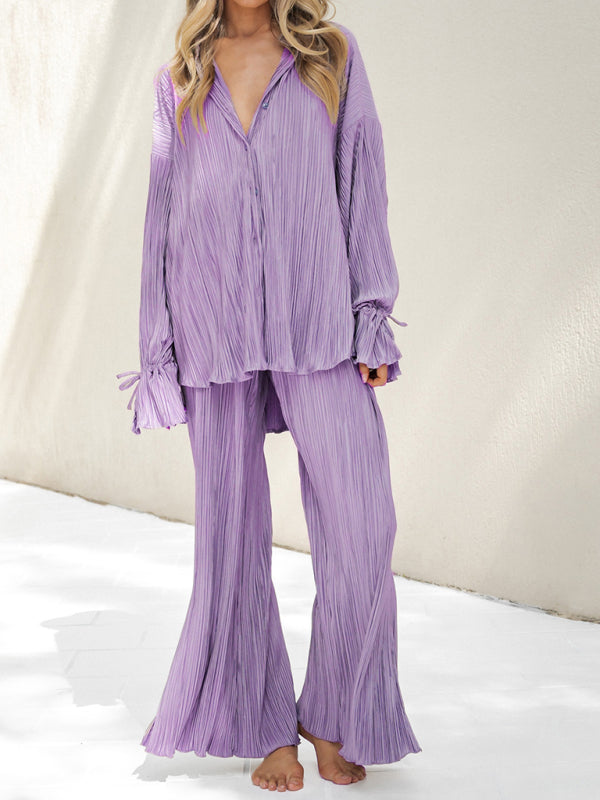 Pleated Long Sleeve Shirt & Pants Set