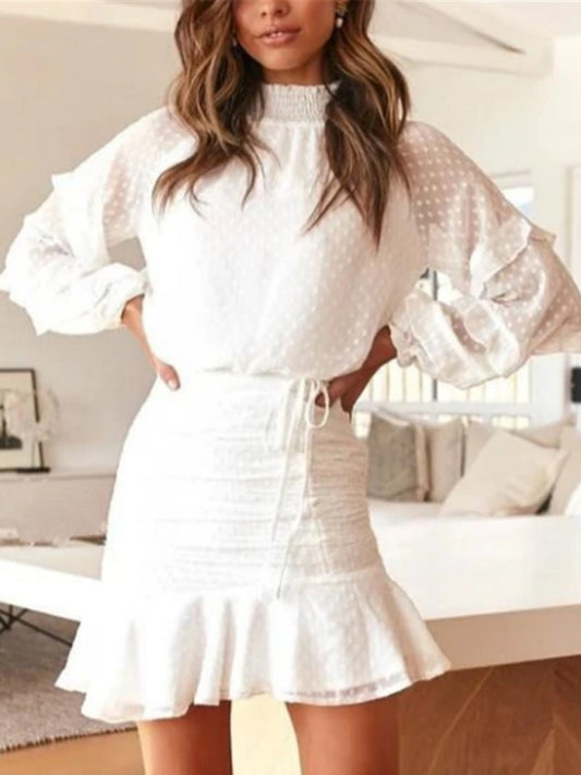 Women's chiffon jacquard polka dot shirred long-sleeved shirt skirt two-piece set