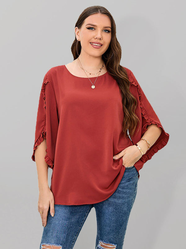 Ladies Shirt Red Half Sleeve Loose Top