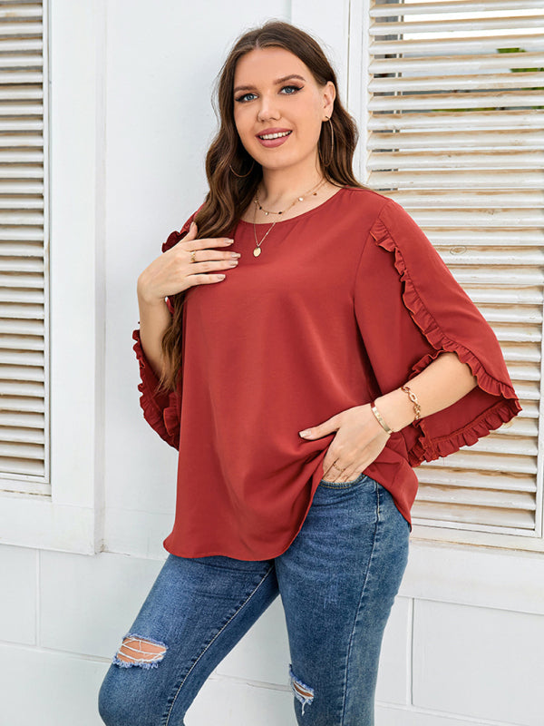 Ladies Shirt Red Half Sleeve Loose Top