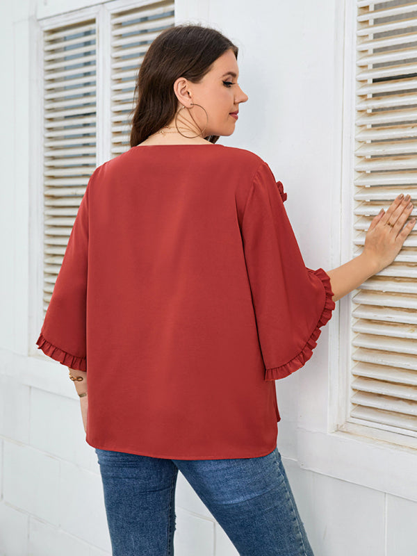 Ladies Shirt Red Half Sleeve Loose Top