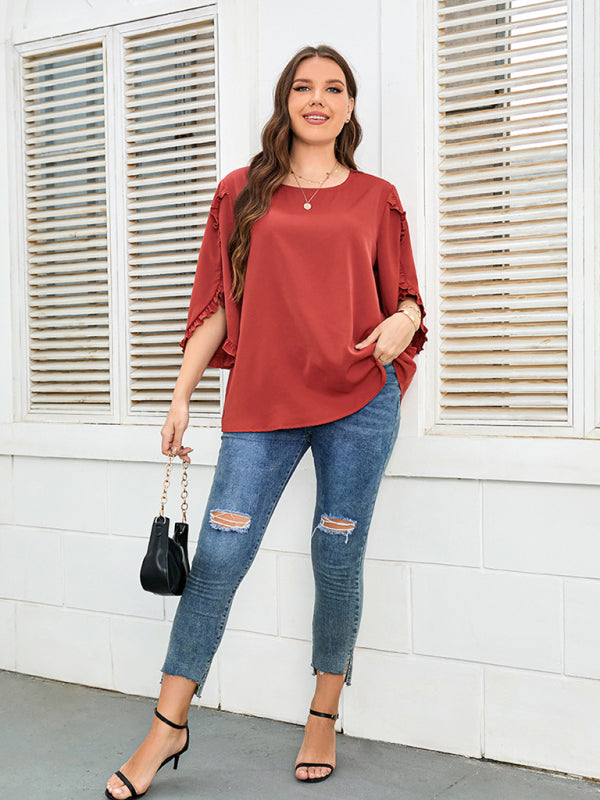 Ladies Shirt Red Half Sleeve Loose Top