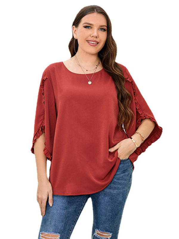 Ladies Shirt Red Half Sleeve Loose Top