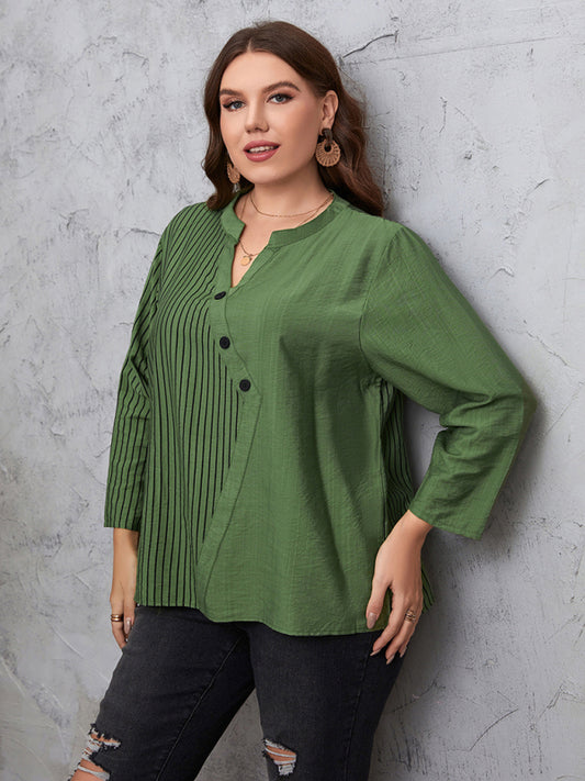 Round Neck Green Striped Long Sleeve Top