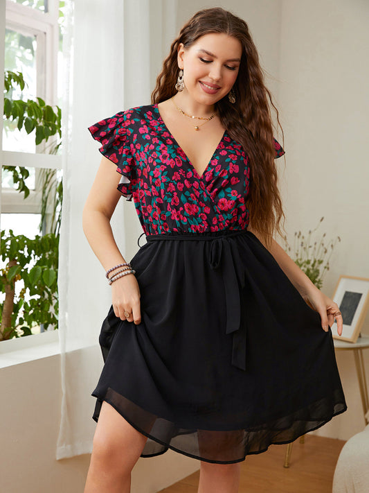 Floral Print Top & Black Skirt V Neck Dress