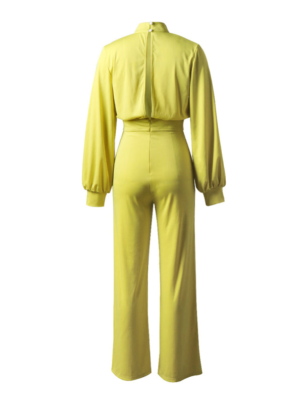 Women's Solid color turtleneck open back long sleeve jumpsuit