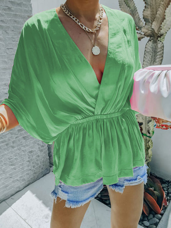 New style cotton V-neck elastic waist casual fashion short-sleeved shirt